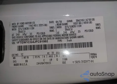 2018 Ford F-150 Xlt из США, поврежденный, VIN 1FTEW1CG4JFC91992